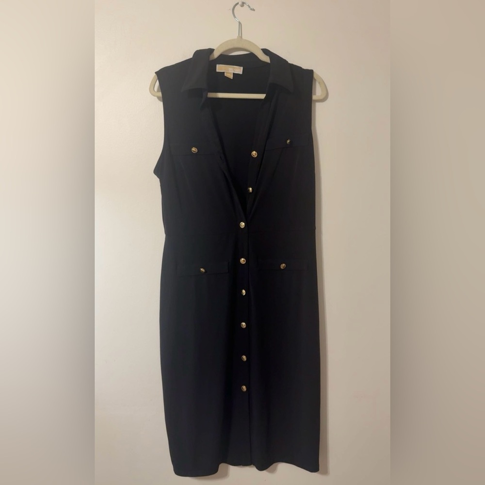 Michael Kors Women’s Large Black Sleeveless Collar Gold Button Front Midi Dress
